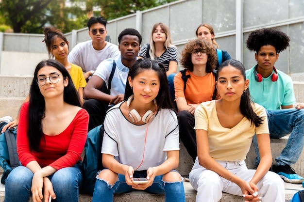 Gruppo di studenti delle scuole superiori adolescenti multirazziali che guardano la telecamera seduti sulle scale all'aperto