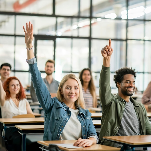 Gruppo di studenti e alzando una mano in classe