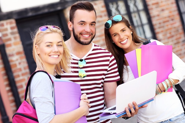 gruppo di studenti felici che studiano all'aperto