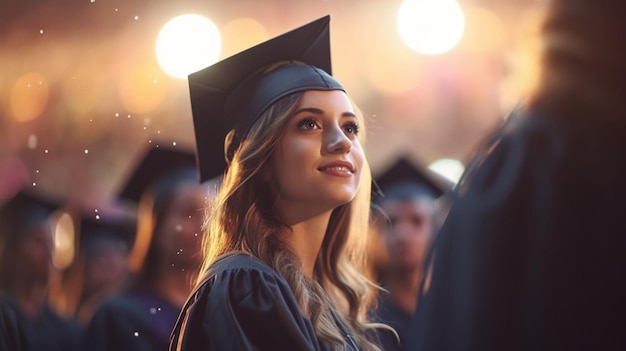 Gruppo di studenti felici in cartone di malta e abiti alla cerimonia di laurea