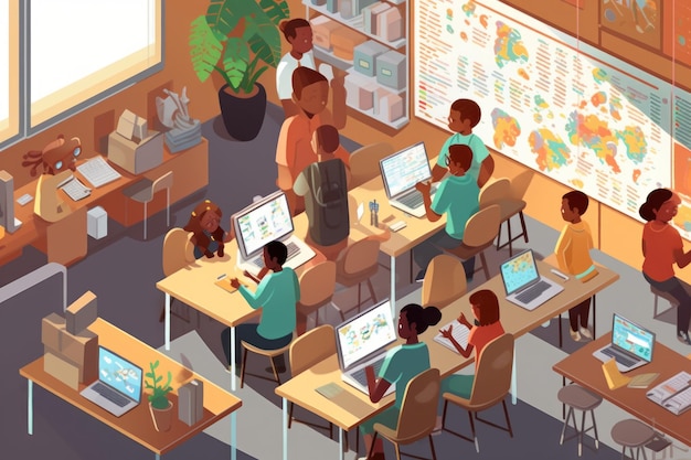 gruppo di studenti in classe studenti in una biblioteca Tavola rotonda illustratore Generative AI