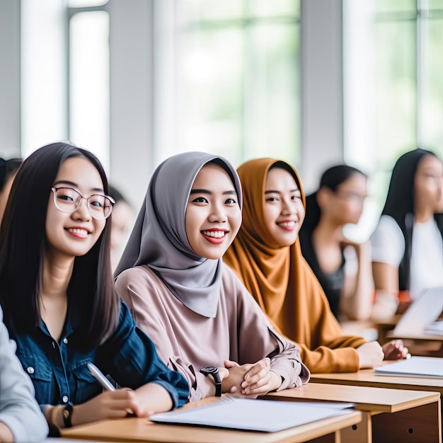 Gruppo di studenti musulmani che studiano insieme nel concetto di educazione in classe