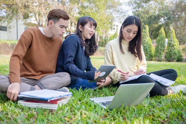 Gruppo di studenti universitari asiatici seduti sull'erba verde Lavorando e leggendo insieme all'esterno in un parco