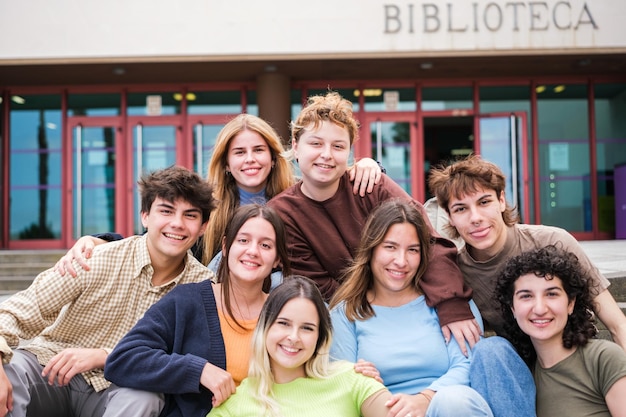 Gruppo di studenti universitari che riposano davanti alla porta della biblioteca