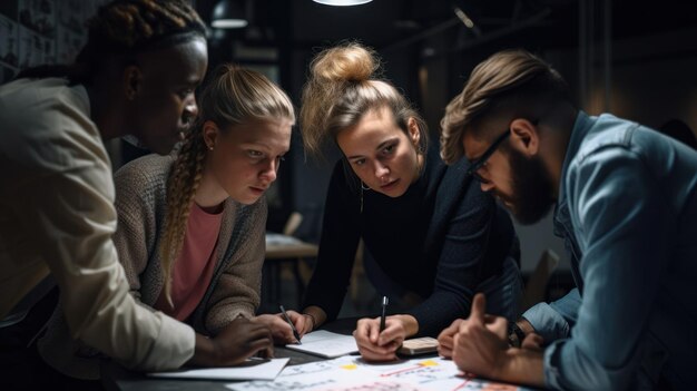 Gruppo di successo di giovani imprenditori che lavorano e comunicano insieme nell'ufficio creativo