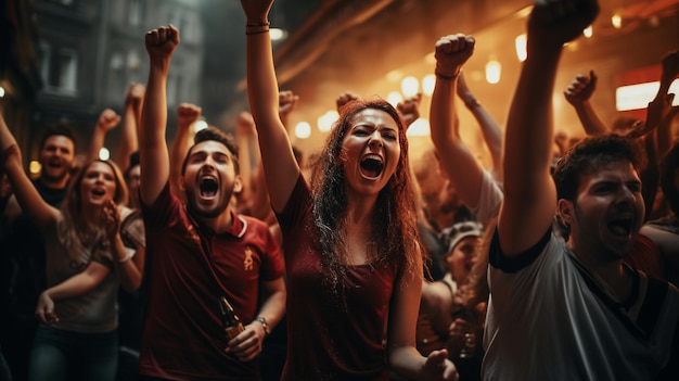 Gruppo di tifosi che guardano un evento sportivo nelle tribune di uno stadio Gruppo di spettatori uomini e donne che applaudono la vittoria della loro squadra