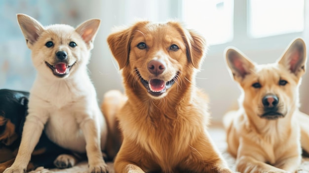 Gruppo di tre cani seduti insieme