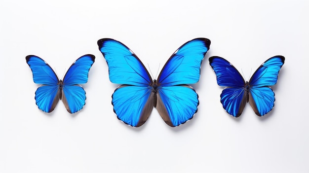 Gruppo di tre farfalle blu su sfondo bianco