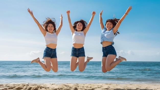 Gruppo di tre giovani donne asiatiche che saltano sulla spiaggia