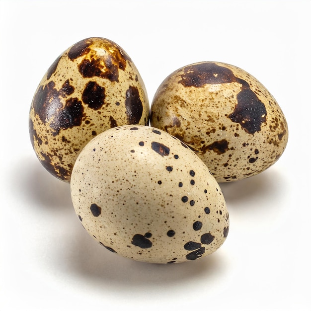 Gruppo di tre uova fresche di quaglia su sfondo bianco