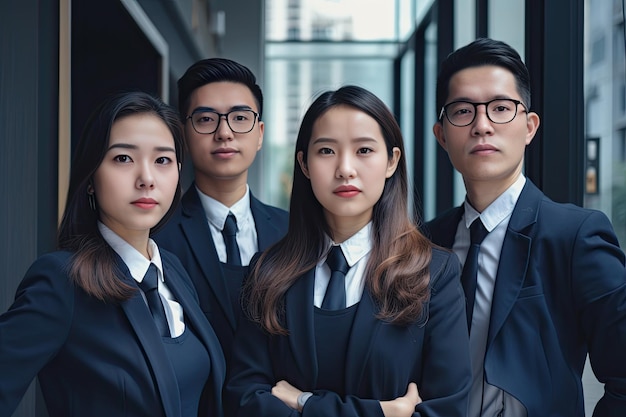 Gruppo di uomini d'affari asiatici in piedi con le braccia incrociate in un ufficio moderno IA generativa