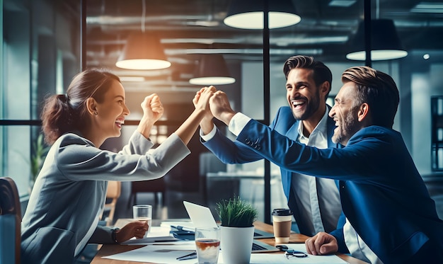 Gruppo di uomini d'affari che festeggiano il successo del concetto di business dell'ufficio