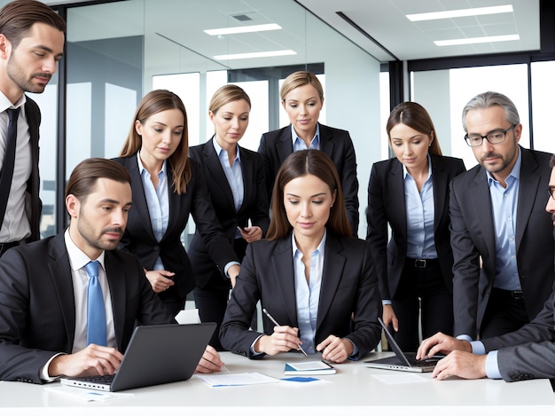 Gruppo di uomini d'affari che lavorano con la tecnologia in una riunione in una sala conferenze