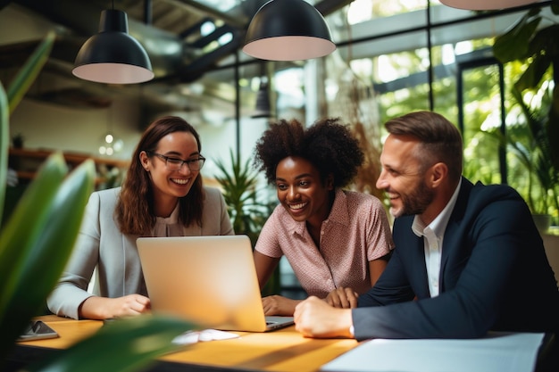 Gruppo di uomini d'affari che lavorano insieme in un ufficio moderno Focus selettivo Uomini d'affari multietnici che lavorano insieme nell'ufficio AI Generato