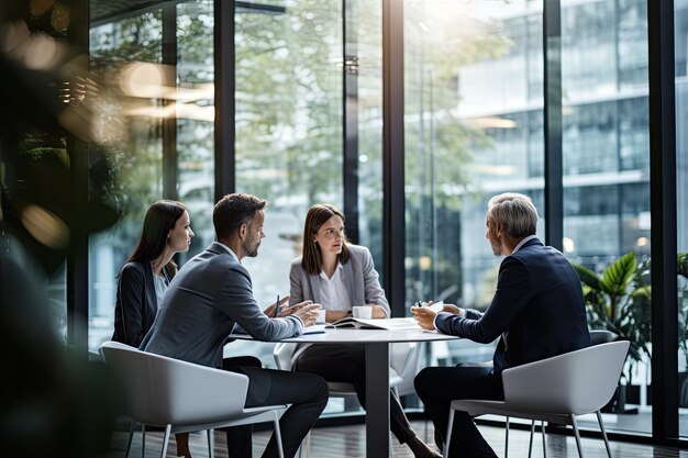 Gruppo di uomini d'affari che lavorano insieme in un ufficio moderno Uomo d'azienda e donna d'affare seduti a tavola e che comunicano Concetto di lavoro di squadra AI generato