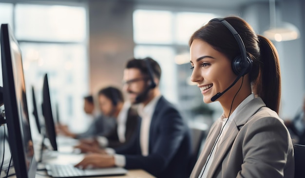 Gruppo di uomini d'affari diversi che indossano cuffie che lavorano al call center operatore del call center