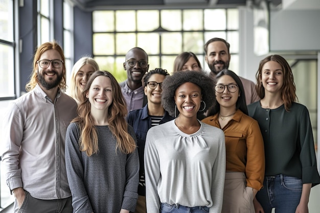 Gruppo di uomini d'affari diversi che sorridono felici in un ritratto d'ufficio