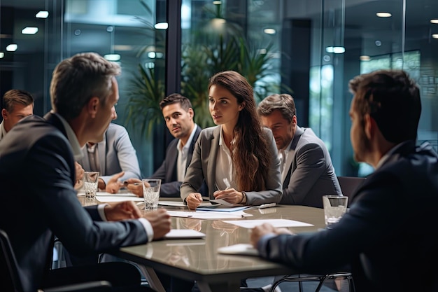 Gruppo di uomini d'affari e donne seduti attorno a un tavolo in una sala conferenze che discutono di un progetto L'attenzione è focalizzata sulla persona che parla e gli altri sono leggermente sfocati