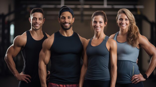 Gruppo di uomini e donne atletici in piedi insieme sullo sfondo di una palestra