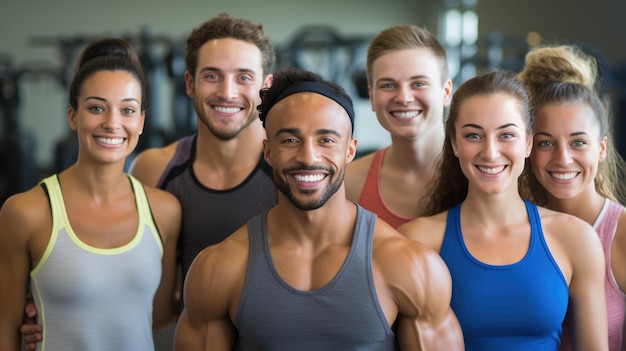 Gruppo di uomini e donne atletici in piedi insieme sullo sfondo di una palestra