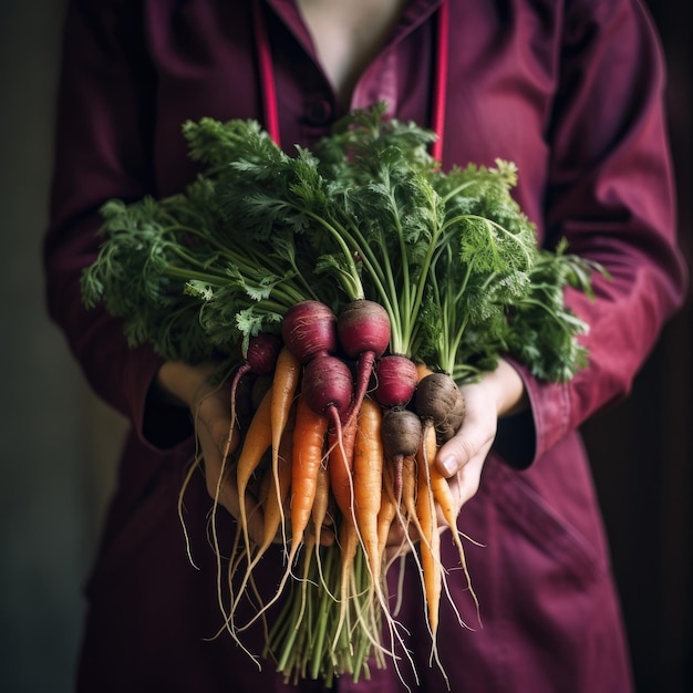 Gruppo di verdure nelle mani delle donne Carote e barbabietole biologiche IA generativa