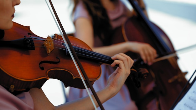 Gruppo Di Violinisti E Violoncellista Sulla Terrazza