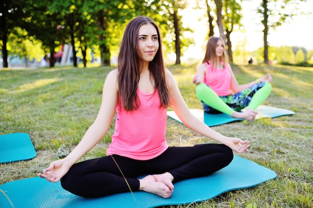 Gruppo di yoga - parecchie ragazze giovani e belle sono agganciate nella forma fisica sull&#39;erba verde sul tramonto