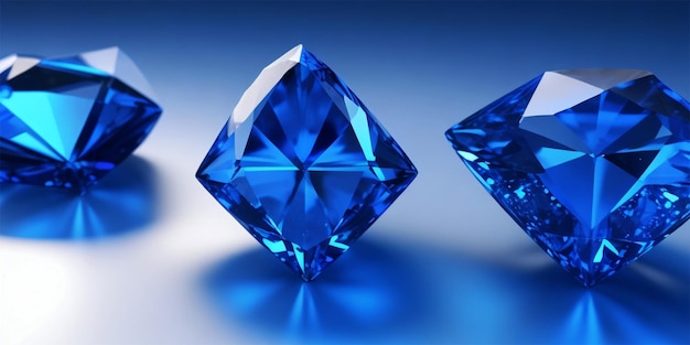 Gruppo di zaffiri con diamanti blu posizionati su sfondo lucido oggetto principale focus rendering 3d