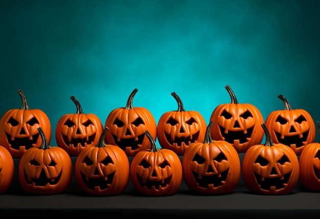 Gruppo di zucche di Halloween su sfondo blu