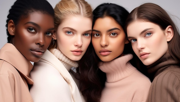 Gruppo diversificato di belle donne di diverse etnie e tonalità della pelle Concepto di diversità e inclusione della bellezza nell'industria della moda e dei cosmetici