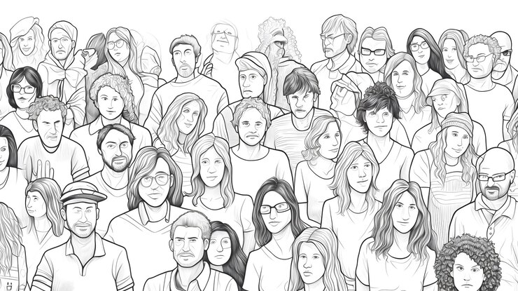 Gruppo diversificato di persone a mano disegnato in stile linea vettoriale concetto di unità e uguaglianza della comunità
