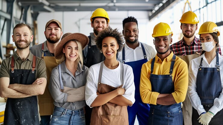 Foto gruppo diversificato di professionisti, compresi i costruttori, gli chef e il personale d'ufficio