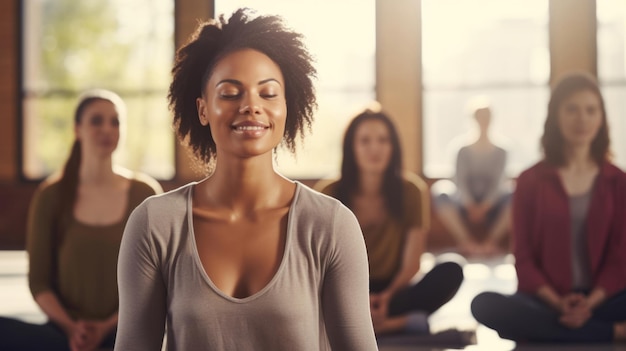 Gruppo diversificato e meditazione in uno studio per la pratica della consapevolezza e la spiritualità persone sedute