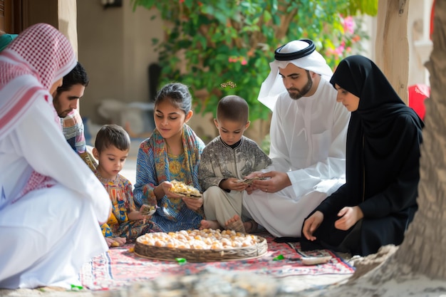 Gruppo Eid alAdha seduto a condividere il cibo a terra in un evento di svago bambino che si diverte