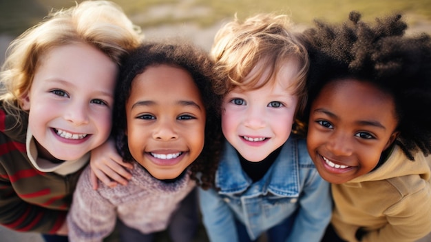 Gruppo eterogeneo di allegri bambini multietnici felici e amanti del divertimento che giocano all'aperto