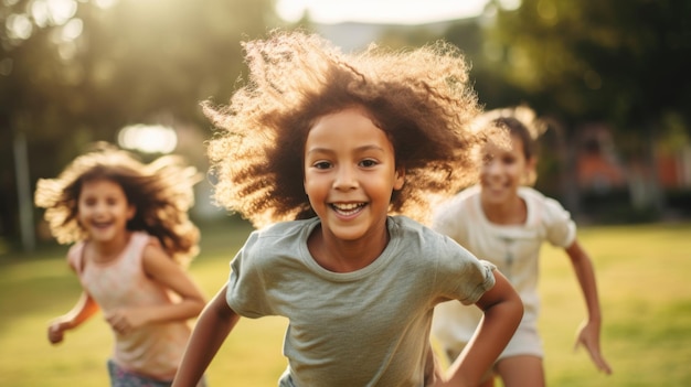 Gruppo eterogeneo di allegri bambini multietnici felici e amanti del divertimento che giocano all'aperto