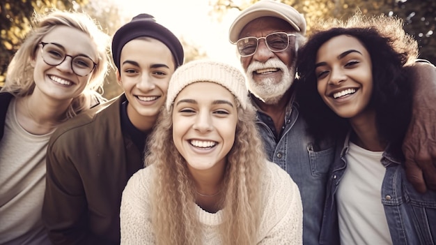 Gruppo eterogeneo di amici che si divertono insieme nel parco Gruppo multietnico di persone che si uniscono all'aperto IA generativa