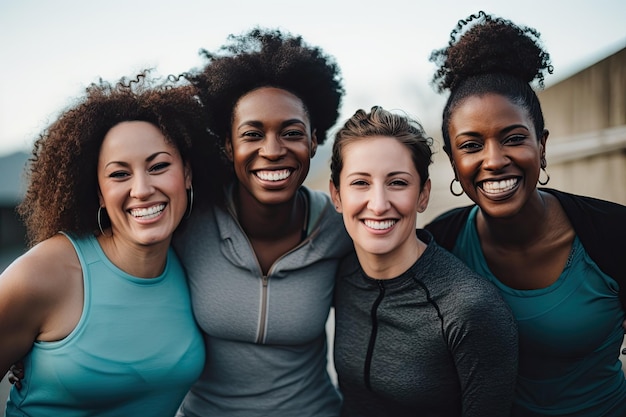 Gruppo eterogeneo di donne di 40 anni che si allenano insieme nel ritratto di strada che sorride alla telecameraVita sana