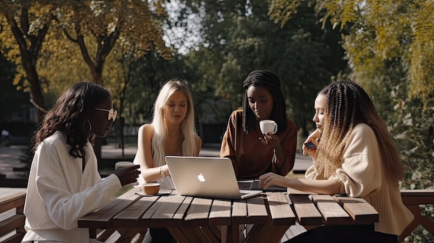 Gruppo eterogeneo di giovani amici che ridono in abbigliamento sportivo guardando le foto su un cellulare davanti a un caffè in un bar dopo il loro allenamento in palestra ai generativo