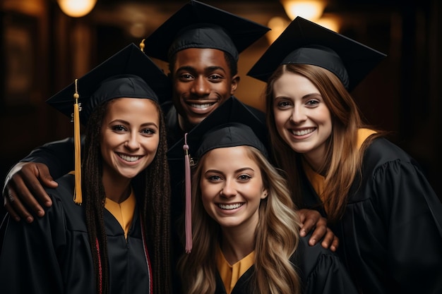 Gruppo eterogeneo di laureati che indossano cappelli di laurea