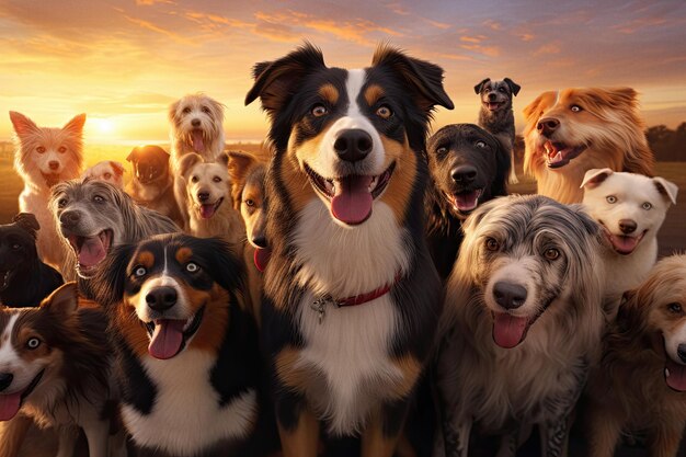 Gruppo felice di cani che guardano la macchina fotografica e sorridono