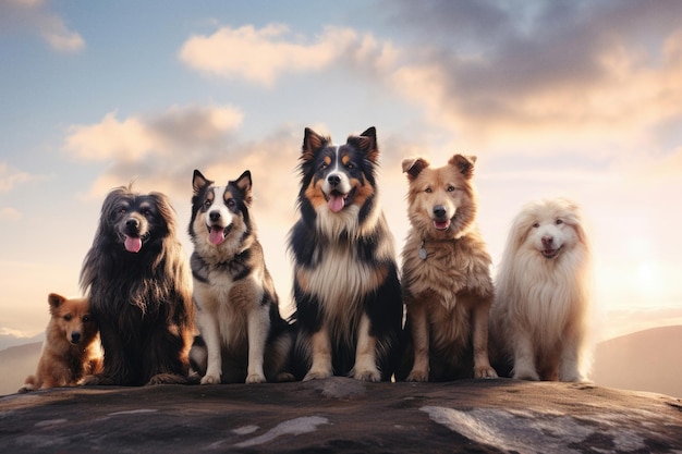 Gruppo felice di cani che guardano la macchina fotografica e sorridono