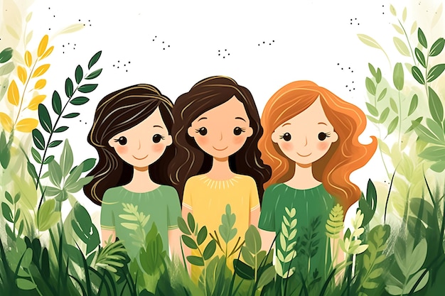 Gruppo femminile senza volto con foglie e fiori per la felice Giornata della Donna