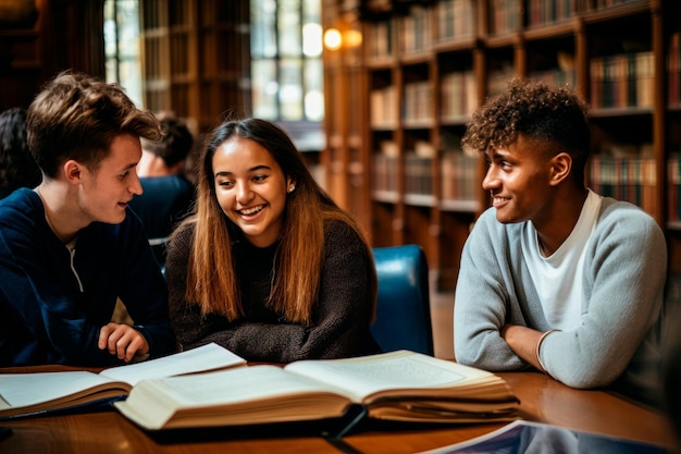 Gruppo giovane e diversificato di studenti che studiano e parlano insieme nella biblioteca generativa di IA