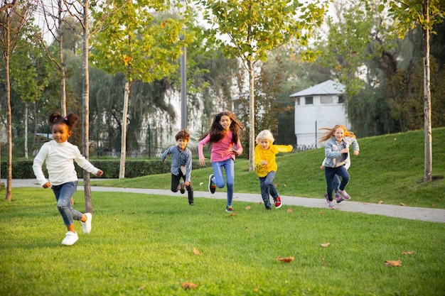 Gruppo interrazziale di bambini, ragazze e ragazzi che giocano insieme al parco in una giornata estiva