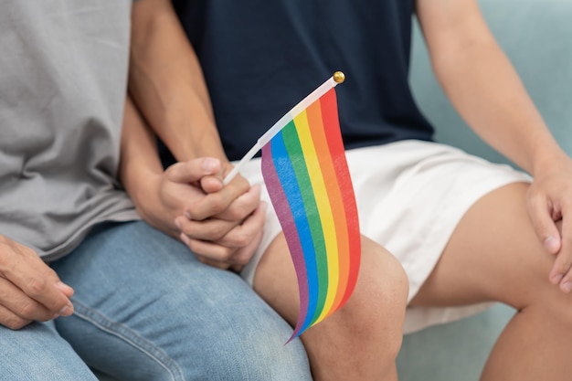 Gruppo LGBT Maschio bisessualità coppia che si tengono per mano incoraggiare e mostrare bandiera LGBT felicemente amante innamorato bisessualità omosessualità libertà di espressione vita felice stile di vita libertà rispetto