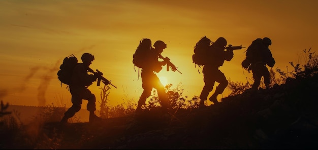 Gruppo militare di soldati dell'esercito degli Stati Uniti al tramonto