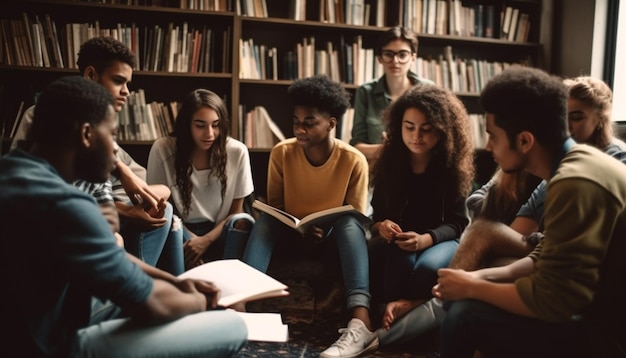 Gruppo multietnico che studia letteratura nella biblioteca generata dall'intelligenza artificiale