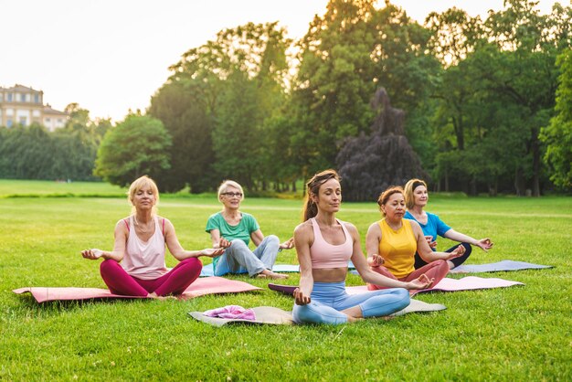 Gruppo multietnico di donne anziane che si allenano al parco con istruttore di fitness - Anziani attivi che fanno sport nella natura