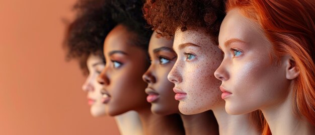 Gruppo multietnico di donne ciascuna con un diverso tipo di colore della pelle su uno sfondo beige donne caucasiche afroamericane e asiatiche sono tutte insieme